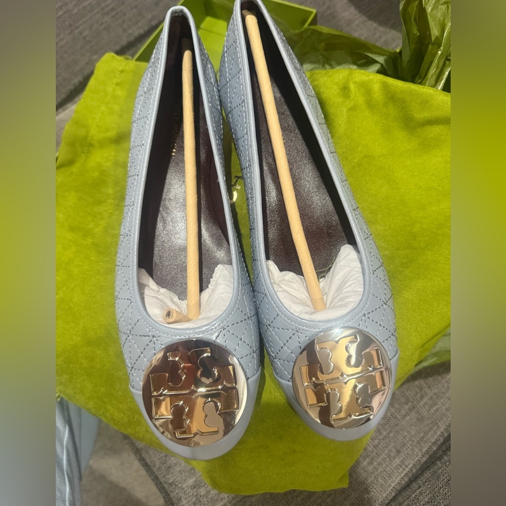 Tory Burch Light Blue Quilted Flats with Gold Emblem